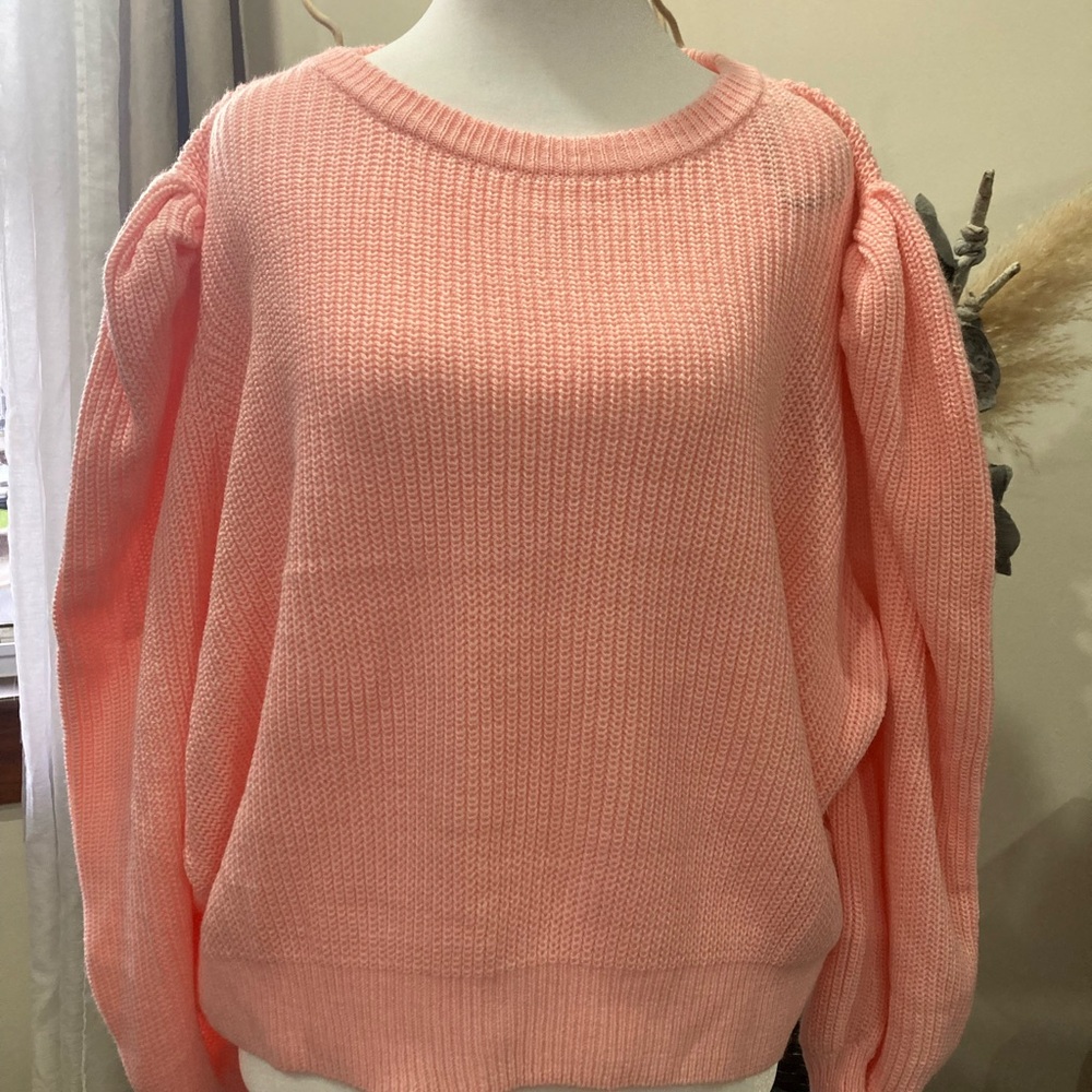 Divided Pink Crew Neck Sweater with Puff Sleeves